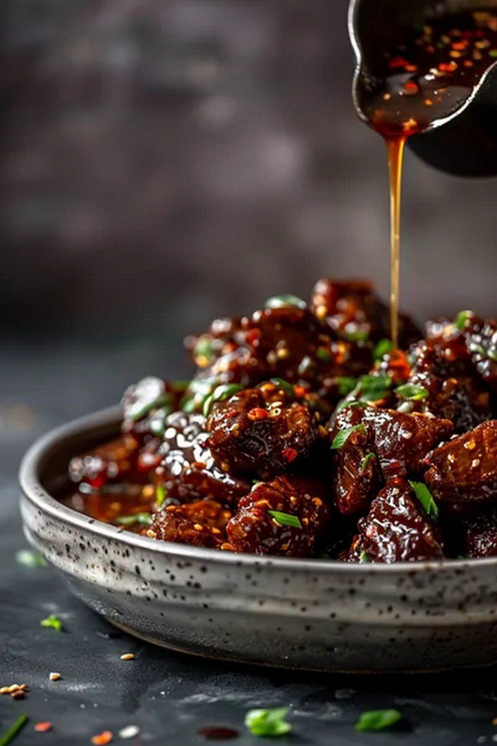 Action dip shot of PF Chang’s Mongolian Sauce