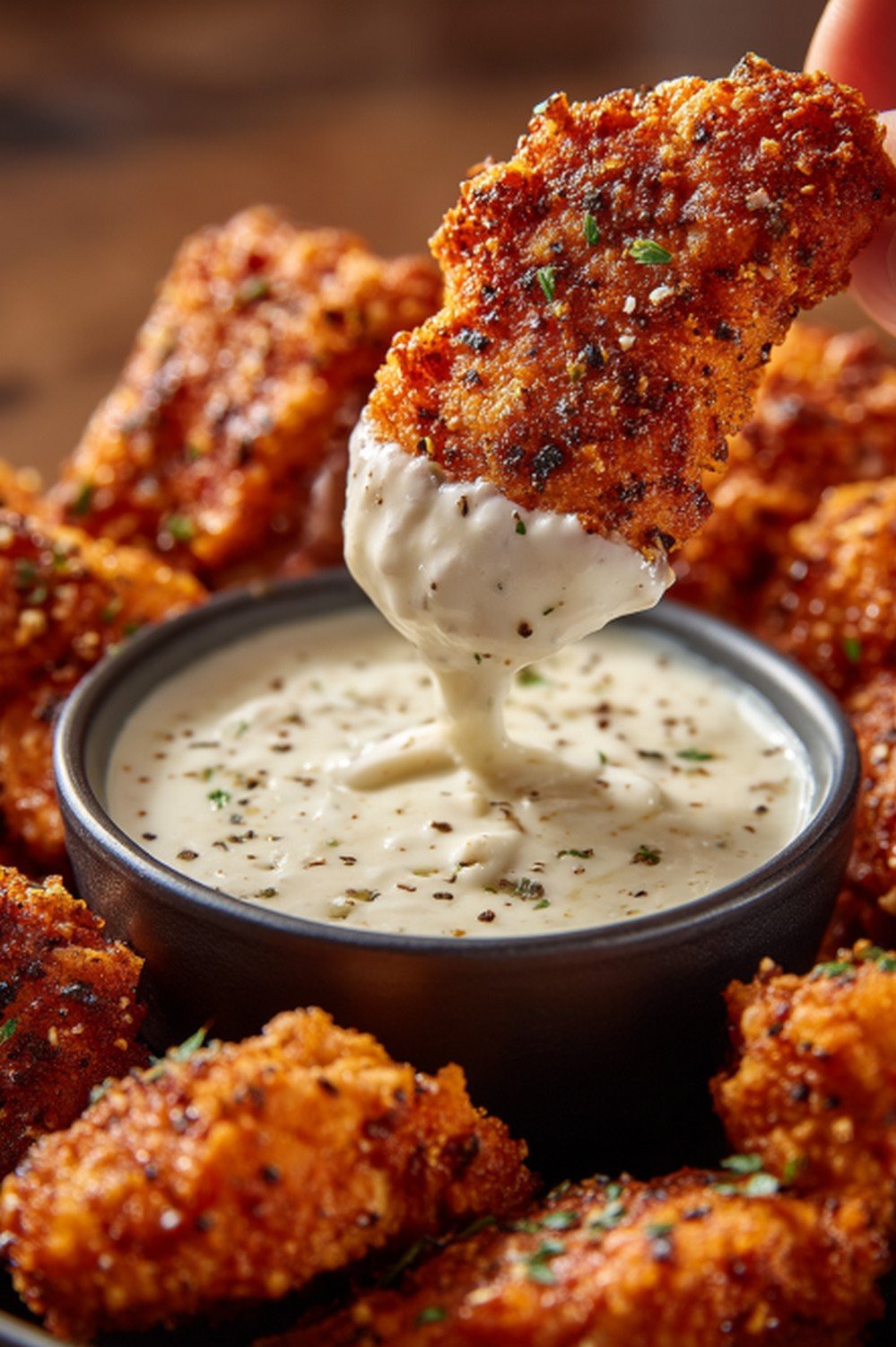 chicken tender dipping into popeyes blackened ranch sauce
