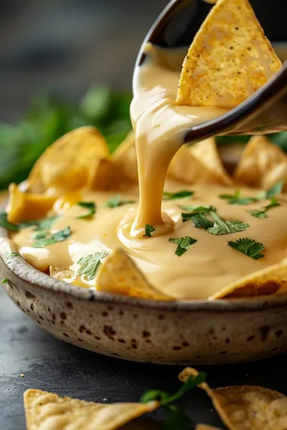 Action dip shot of Qdoba 3-Cheese Sauce
