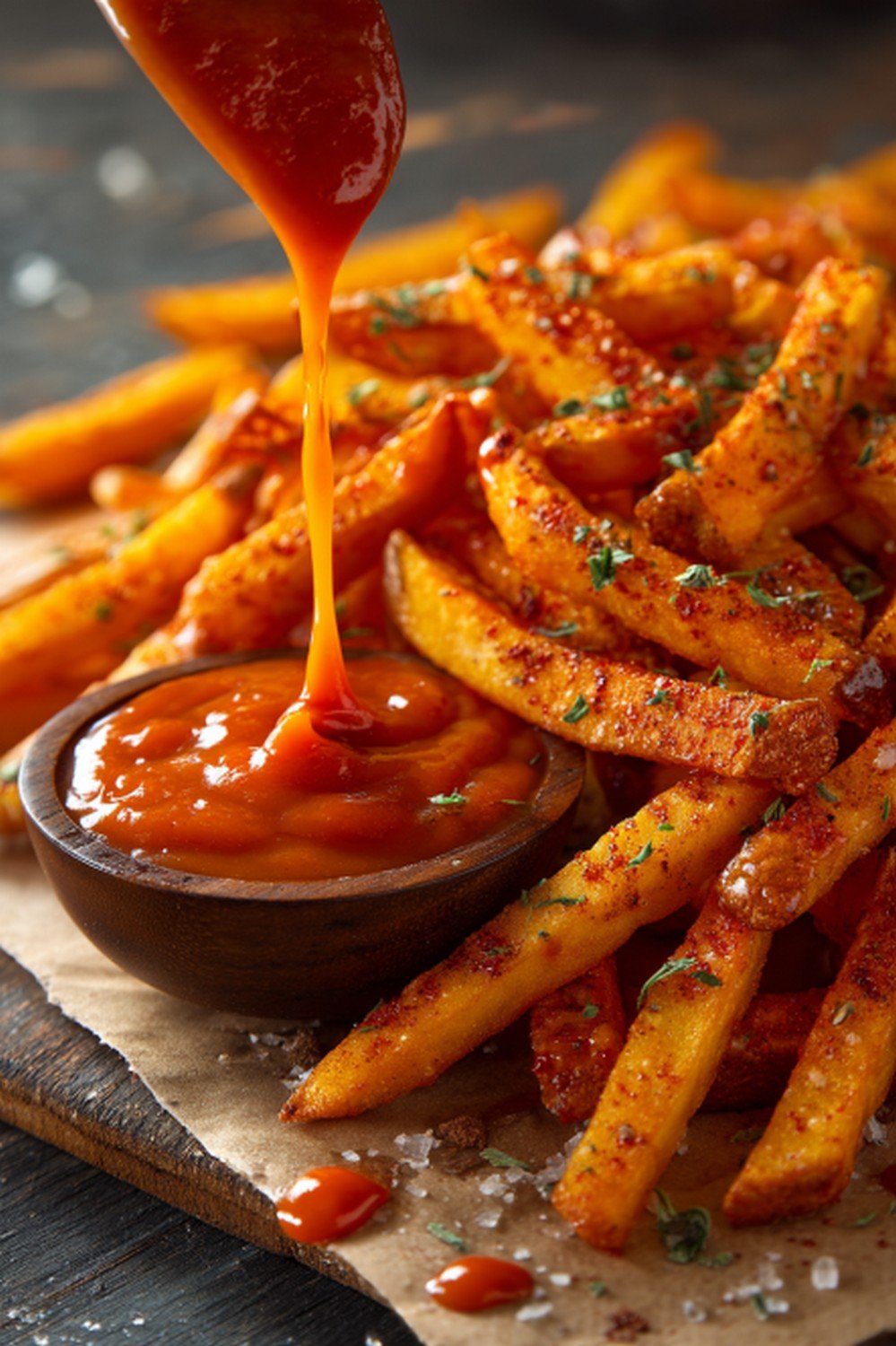 fries dipped into red robin campfire sauce with smoky creamy coating
