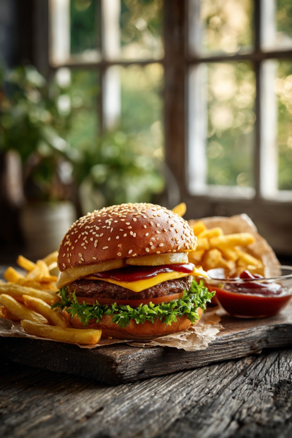 burger topped with red robin campfire sauce on rustic table
