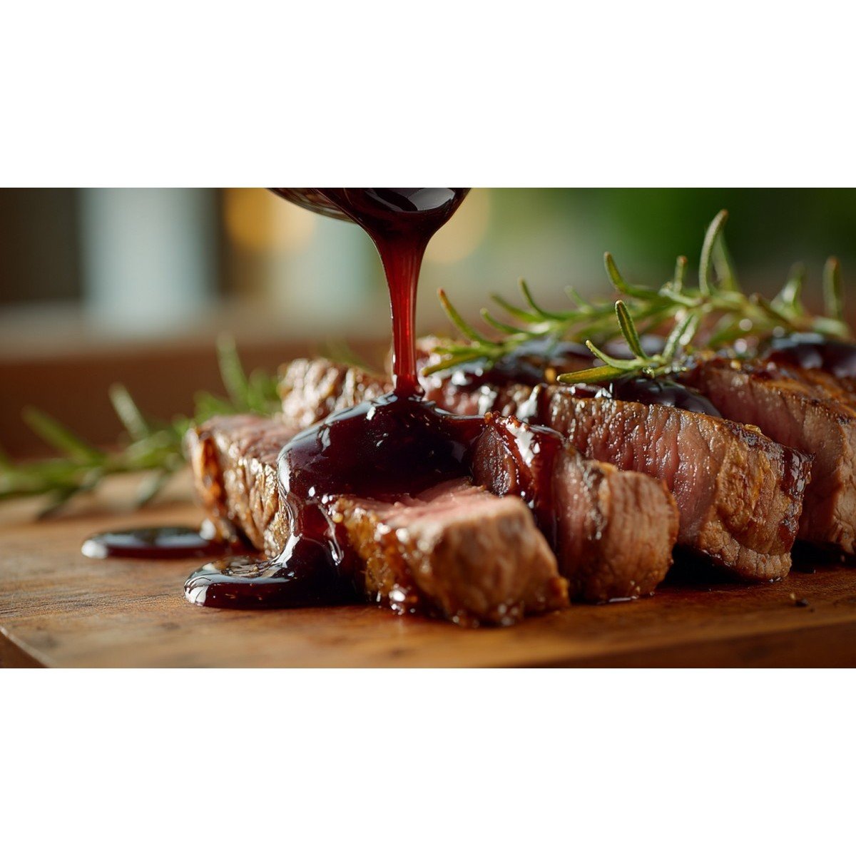 steak topped with rich red wine reduction sauce