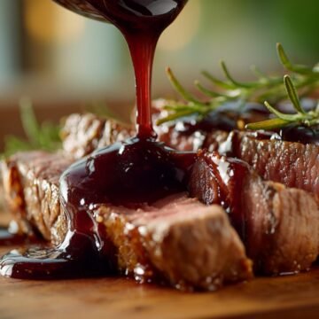 steak topped with rich red wine reduction sauce