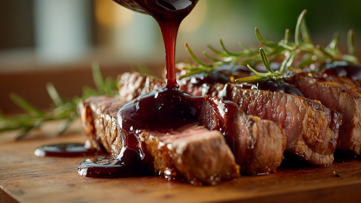 steak topped with rich red wine reduction sauce
