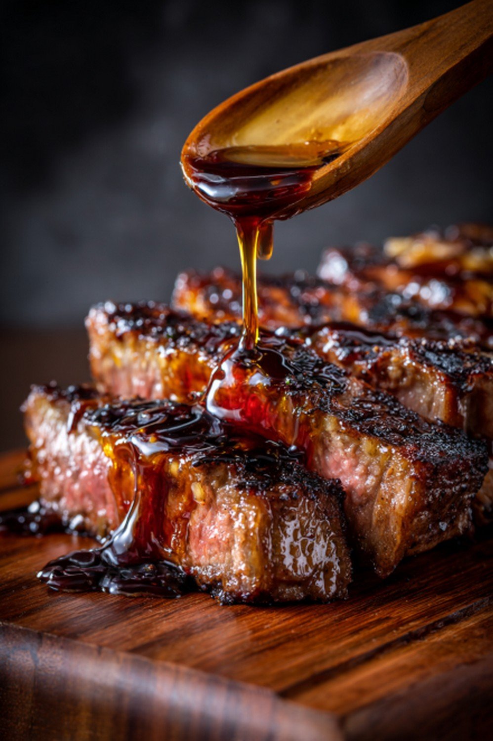 sliced steak coated in red wine reduction sauce
