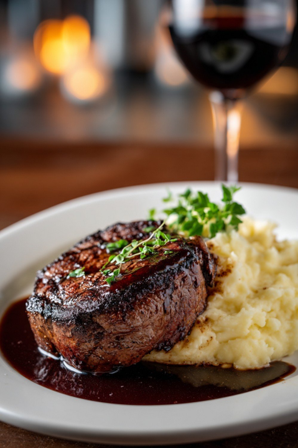 steak dinner with red wine reduction sauce and vegetables
