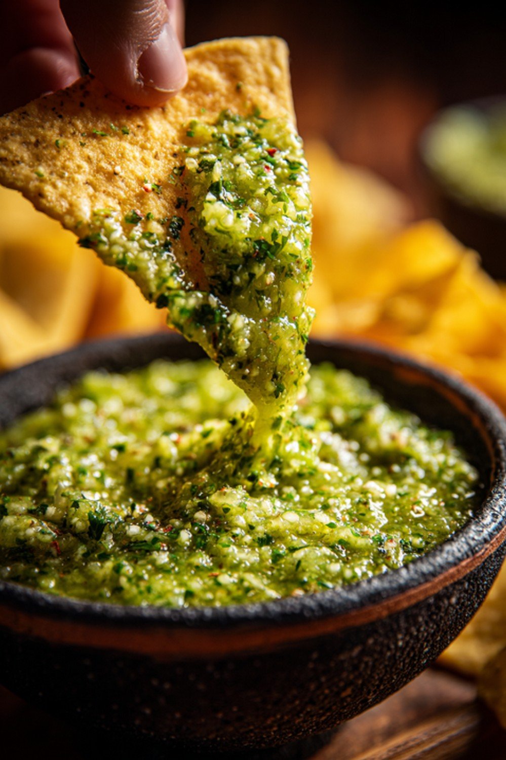 Action dip shot of Roasted Tomatillo Sauce

