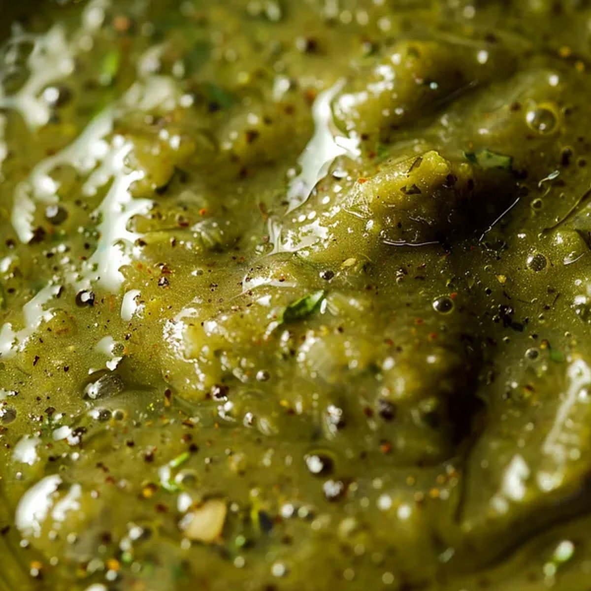 Macro texture of Roasted Tomatillo Sauce
