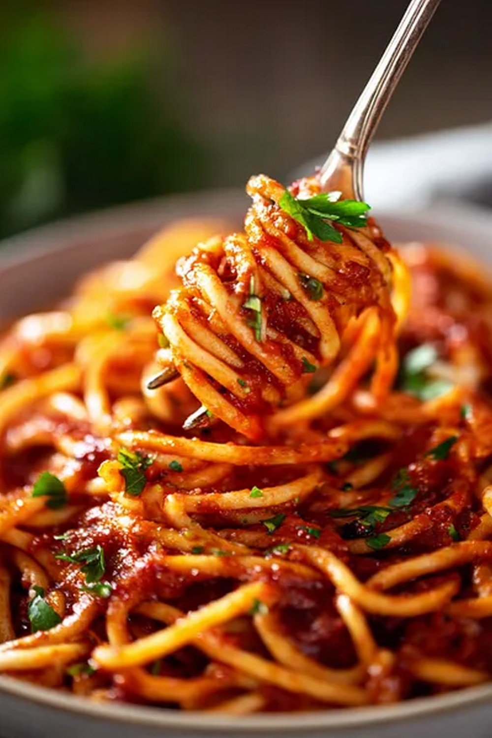 pasta dipped into rich tomato pasta sauce

