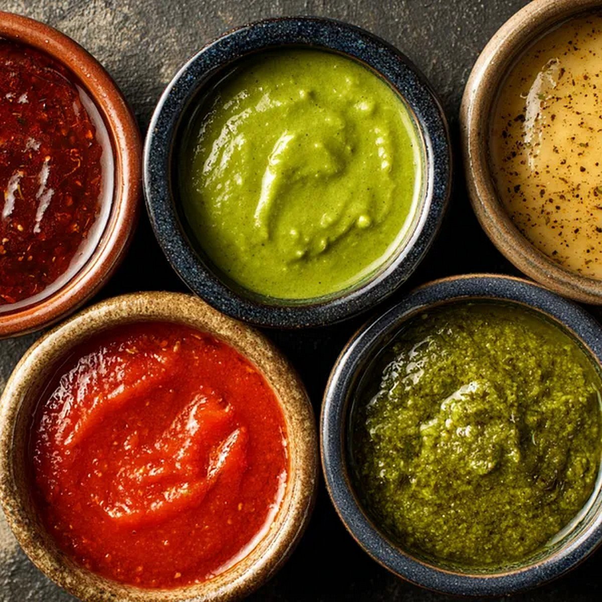 close up textures of different pasta sauces including marinara and alfredo
