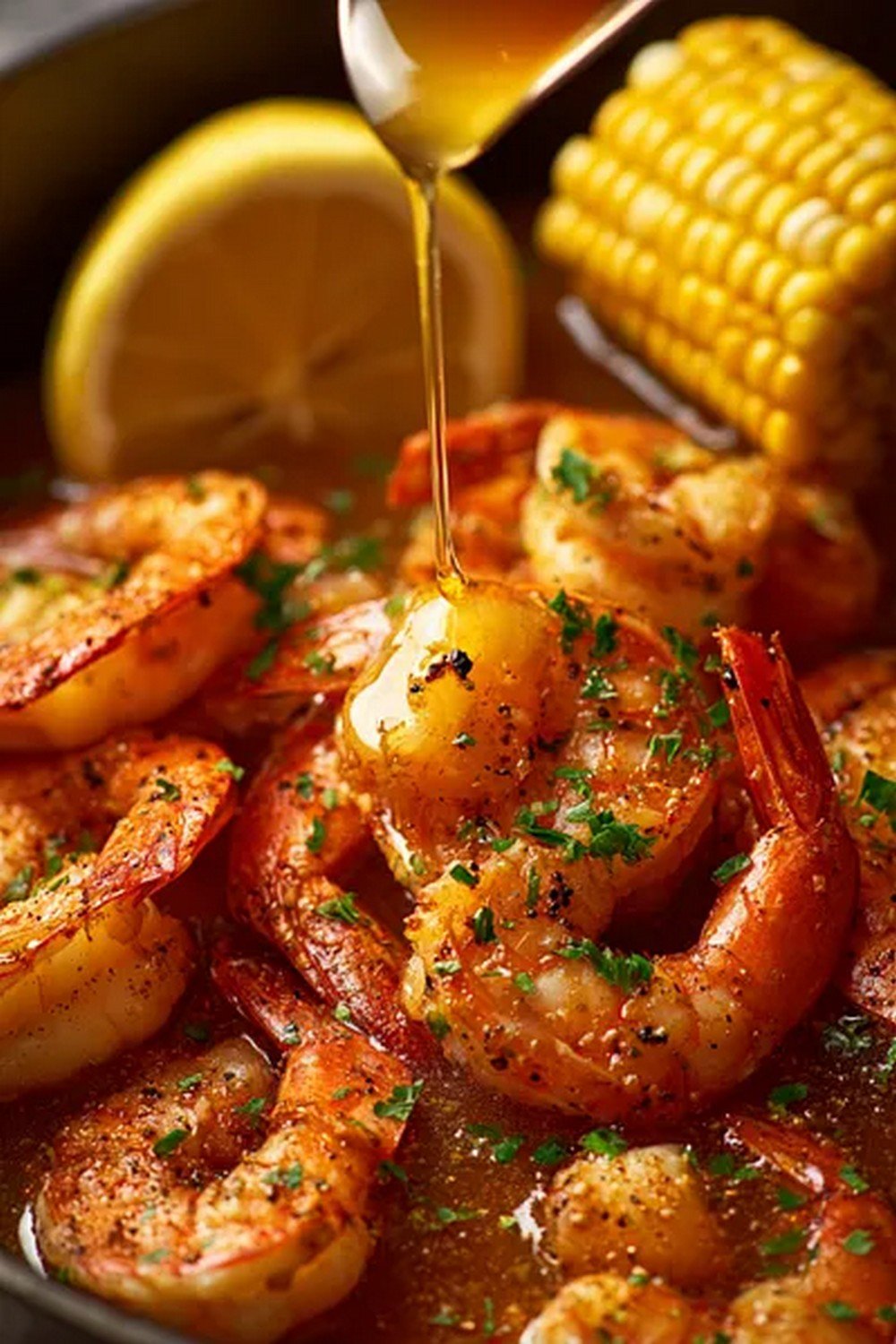 buttery seafood boil sauce close up with garlic and spices