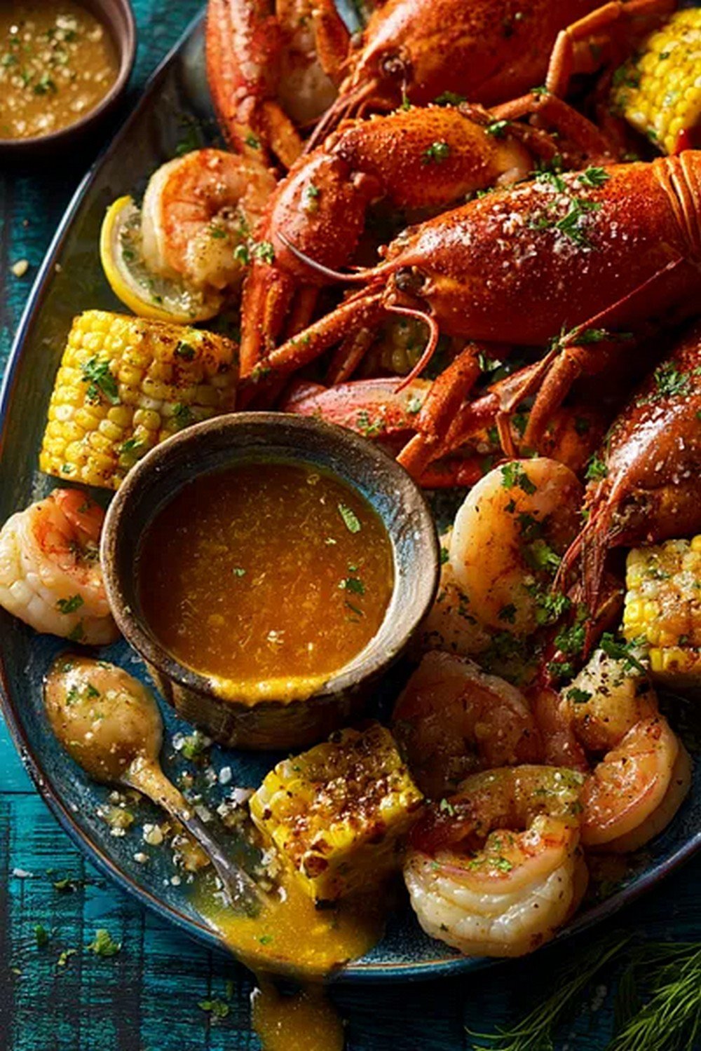 seafood boil sauce served with Cajun seafood platter