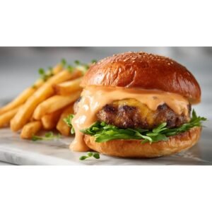 burger stacked with secret burger sauce and crispy fries