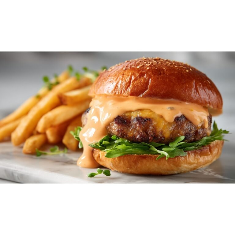 burger stacked with secret burger sauce and crispy fries