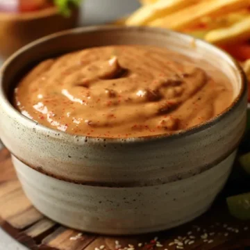 creamy shake shack sauce in bowl with taco board background