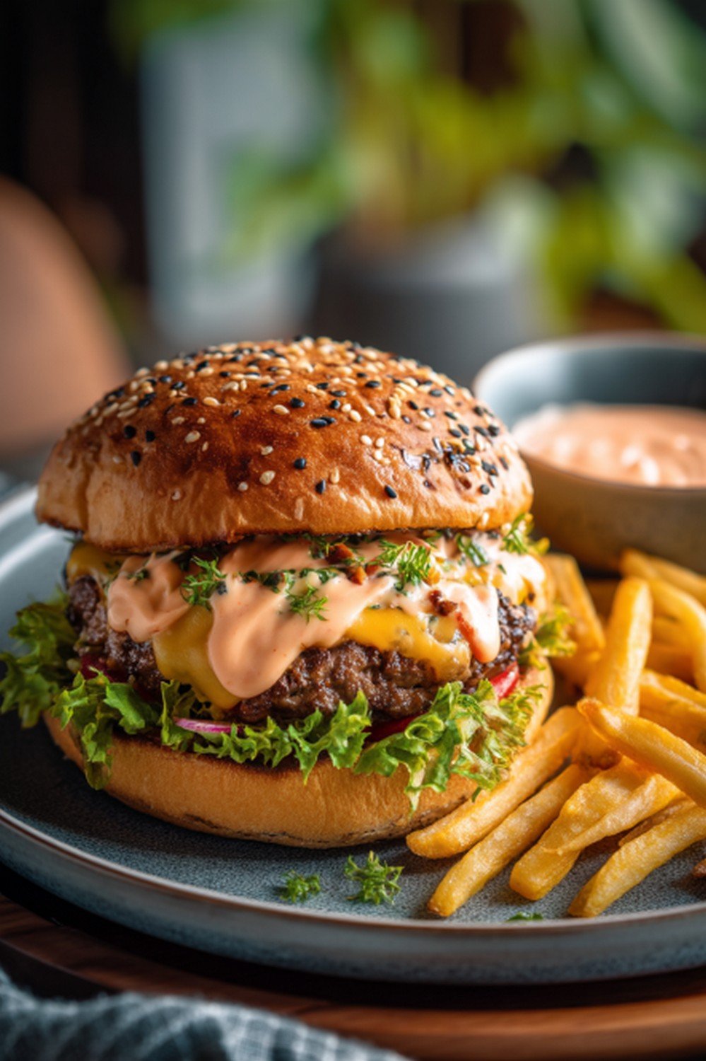 burger layered with shake shack sauce served on wooden table
