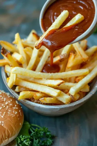 Golden fries dipping into smash burger sauce