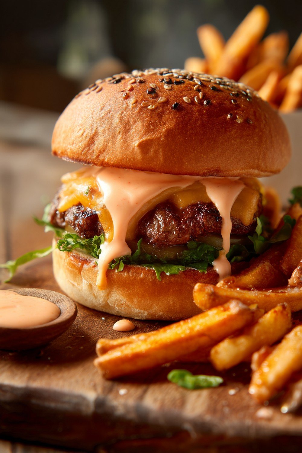 homemade smash burger meal with fries and sauce on wooden table