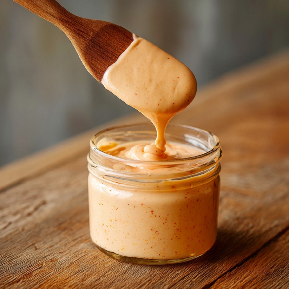spoon lifting thick smash burger sauce showing smooth creamy texture