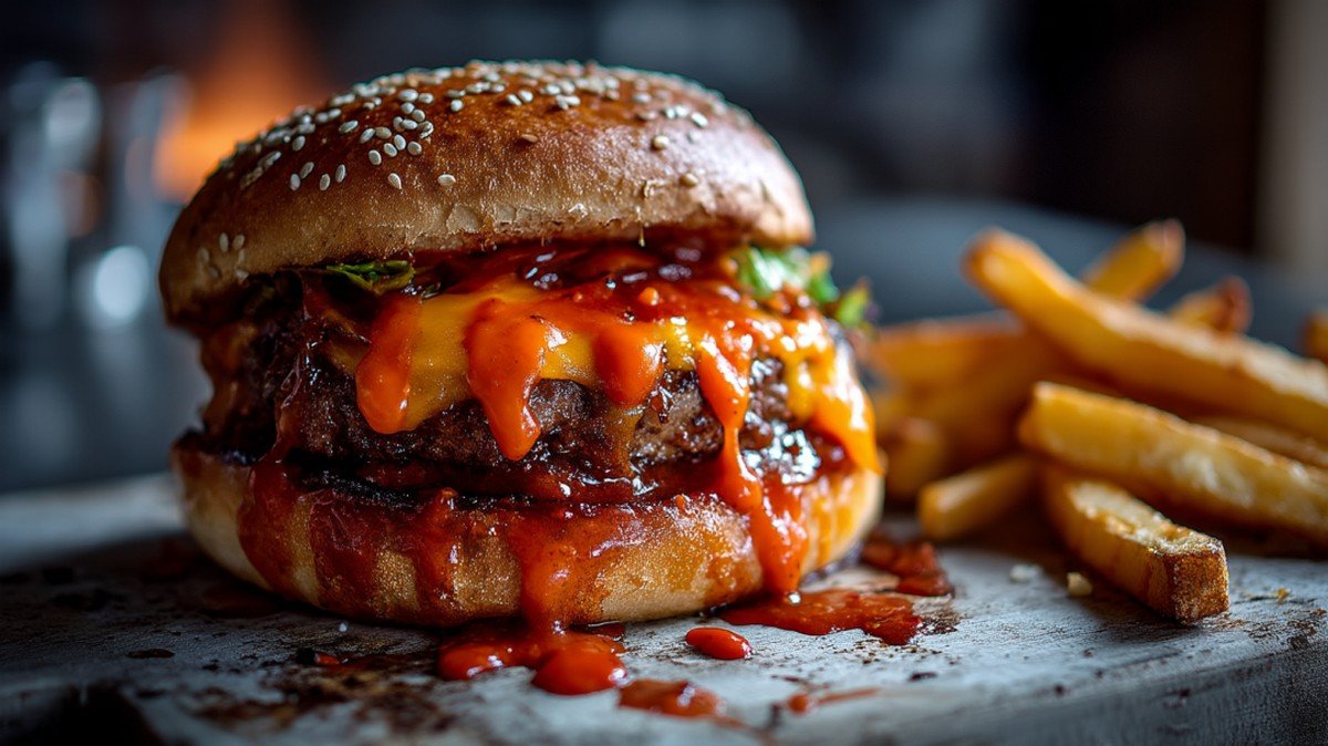 spicy burger sauce layered in a juicy burger with fries
