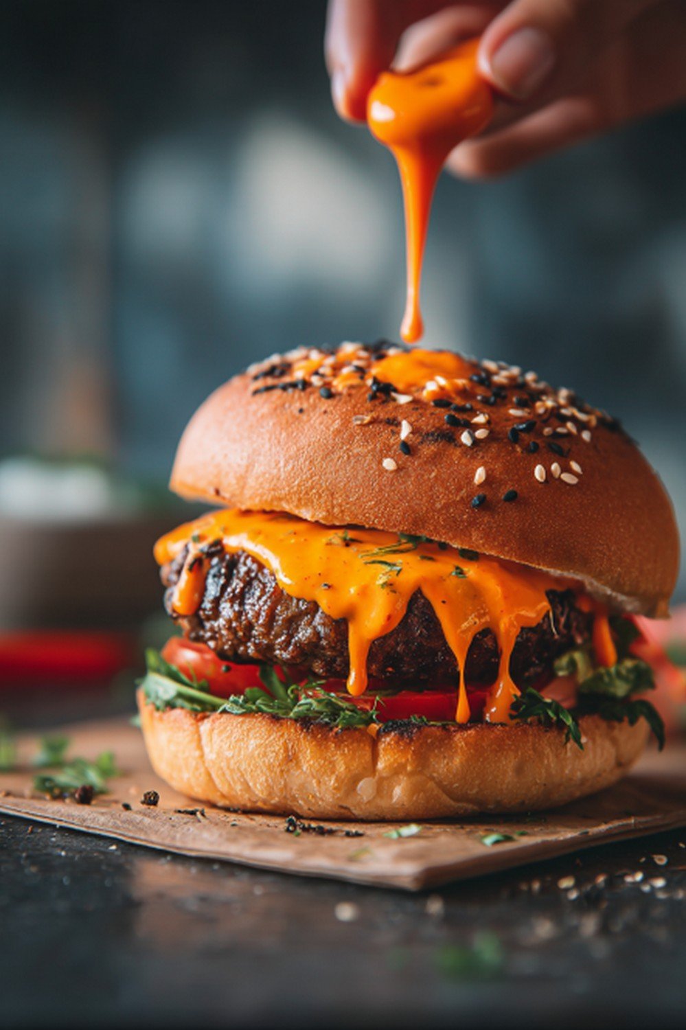 hand dipping fries into spicy burger sauce with bold coating
