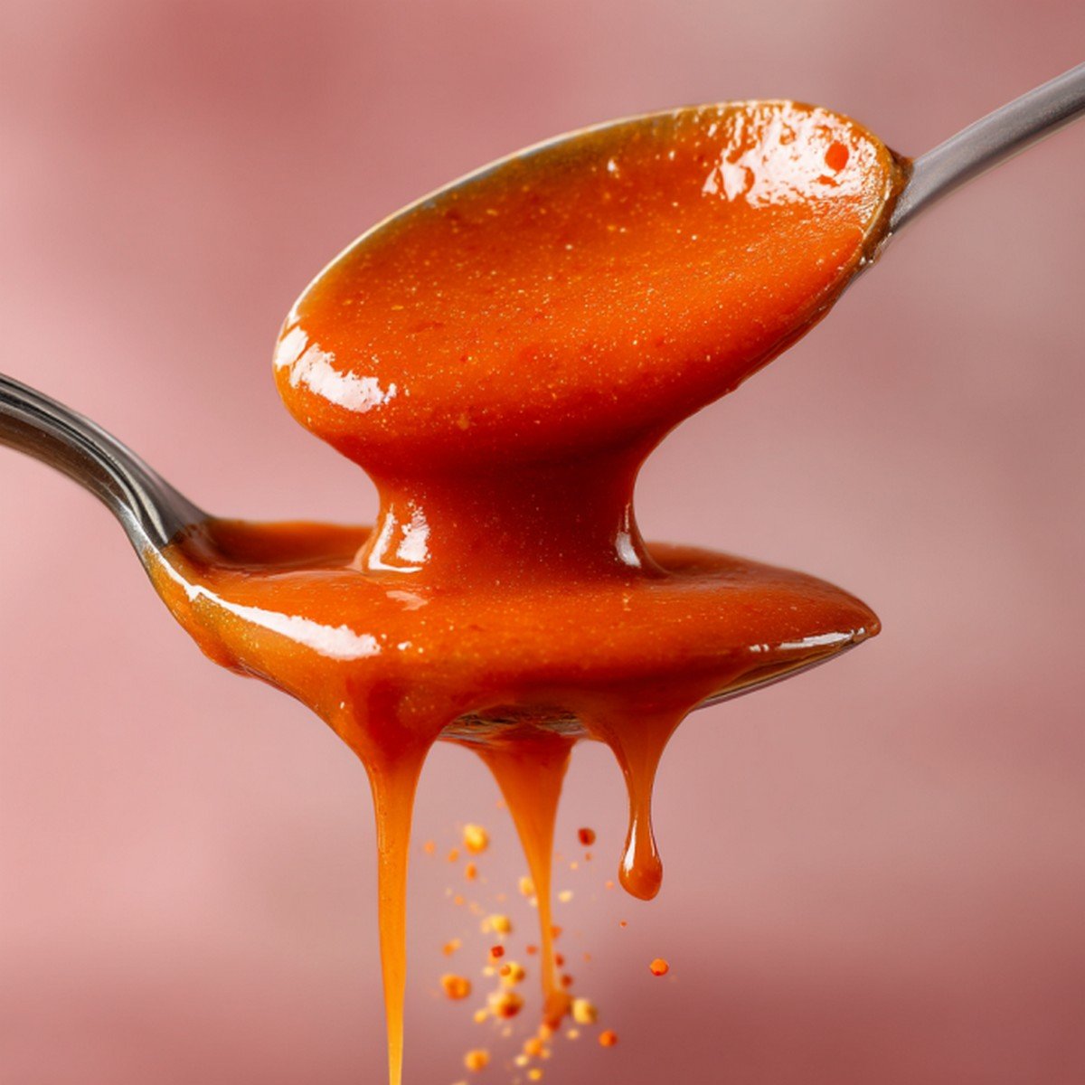 thick spicy burger sauce dripping from a spoon with glossy texture
