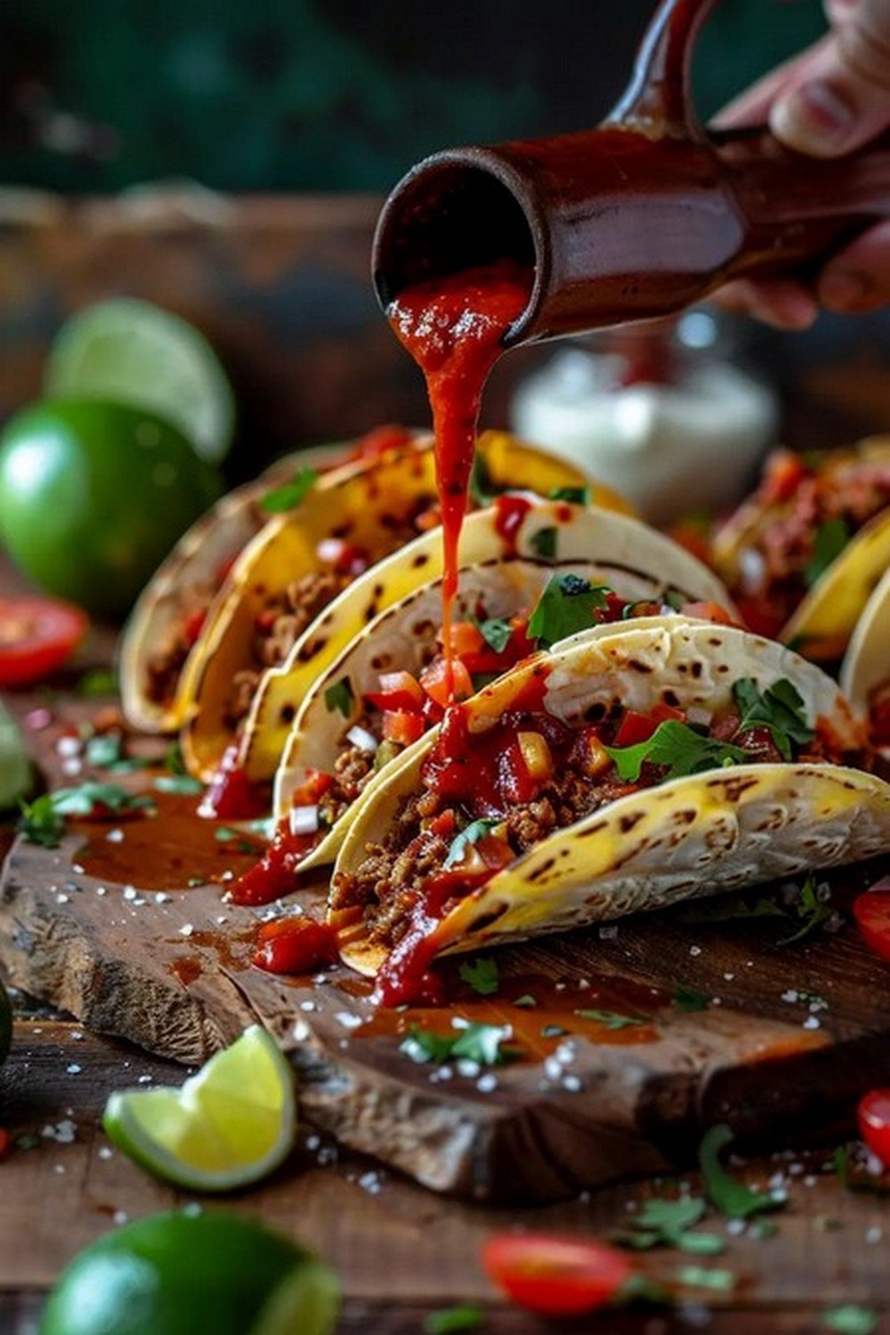 Action dip shot of Spicy Taco Sauce