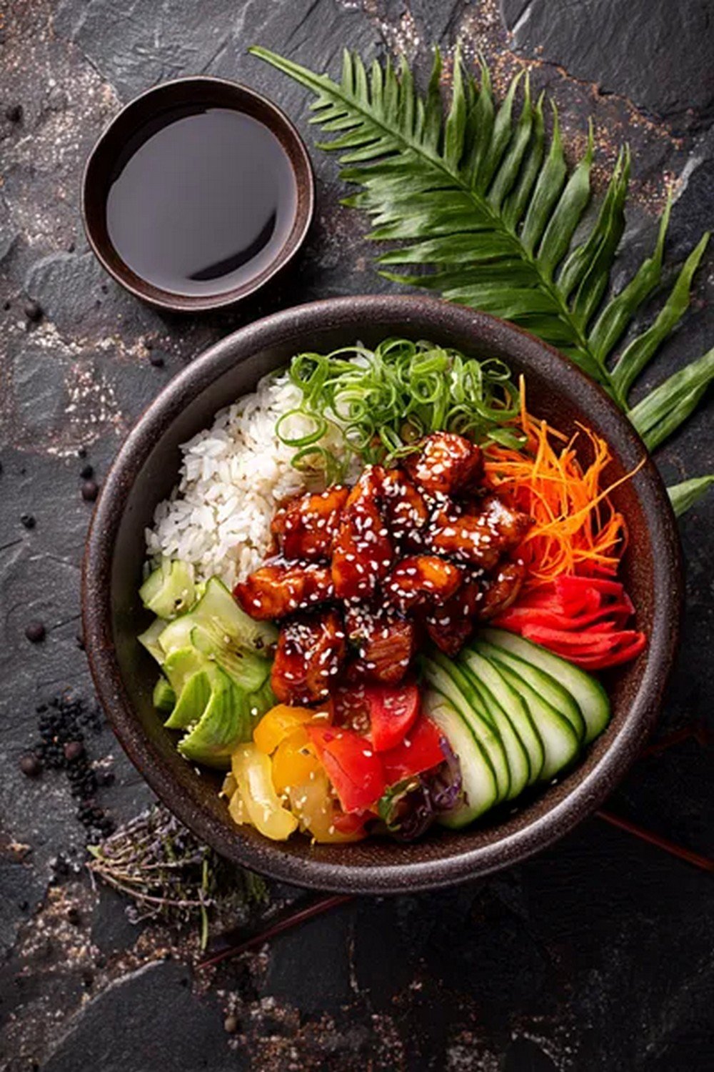 spicy teriyaki sauce served with rice bowl and grilled chicken