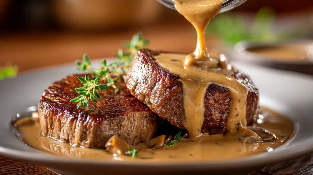 steak medallions served with creamy steak diane sauce
