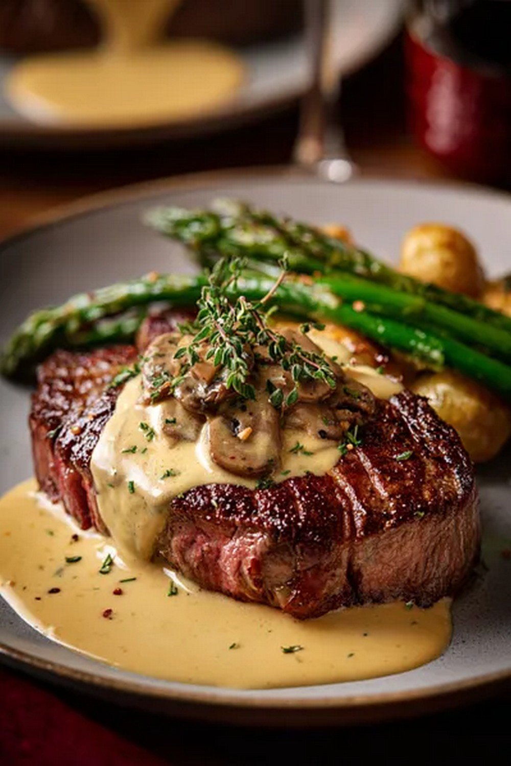 homemade steak diane sauce served with steak dinner
