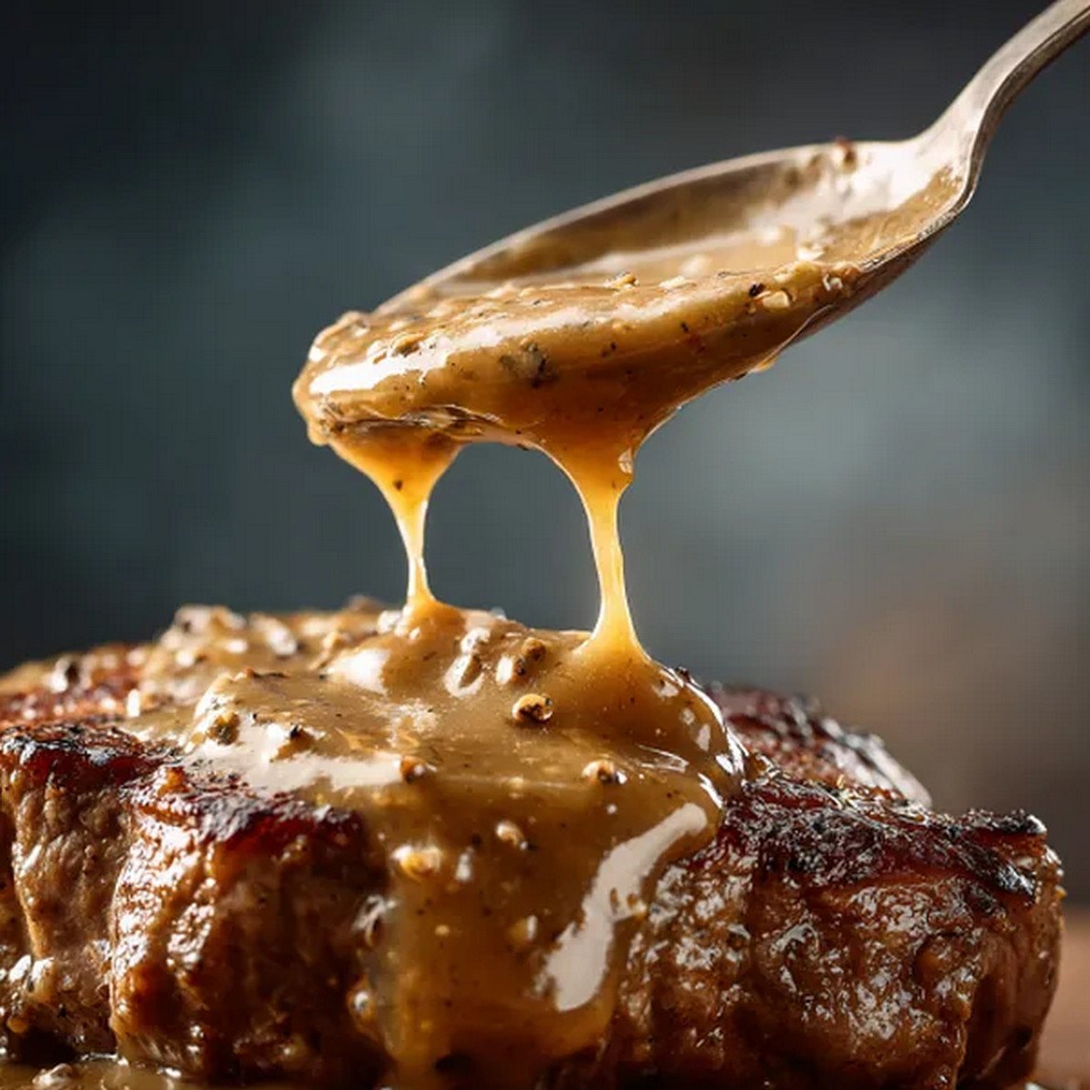 close up texture of rich steak diane sauce

