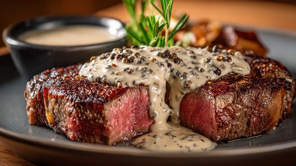 juicy steak served with creamy peppercorn sauce