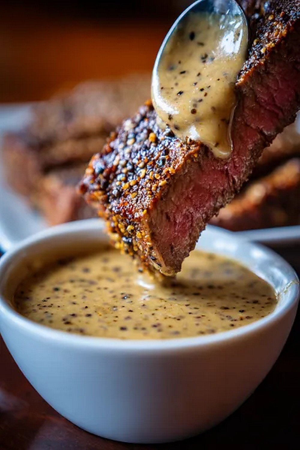 steak slice dipped into peppercorn sauce

