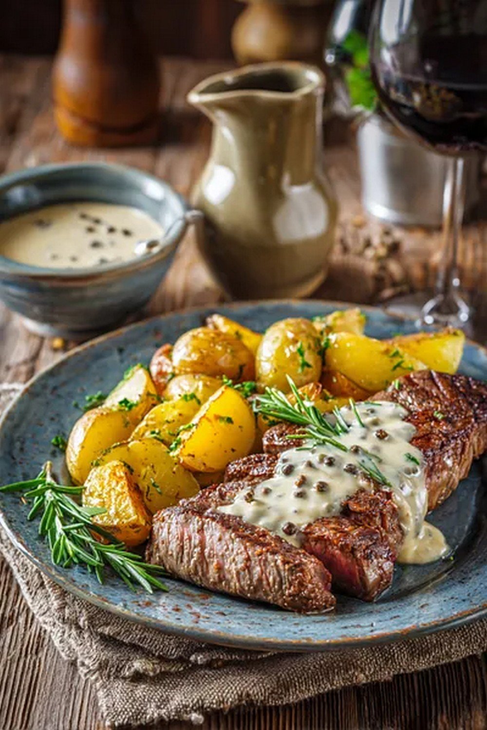 steak dinner with peppercorn sauce and roasted potatoes

