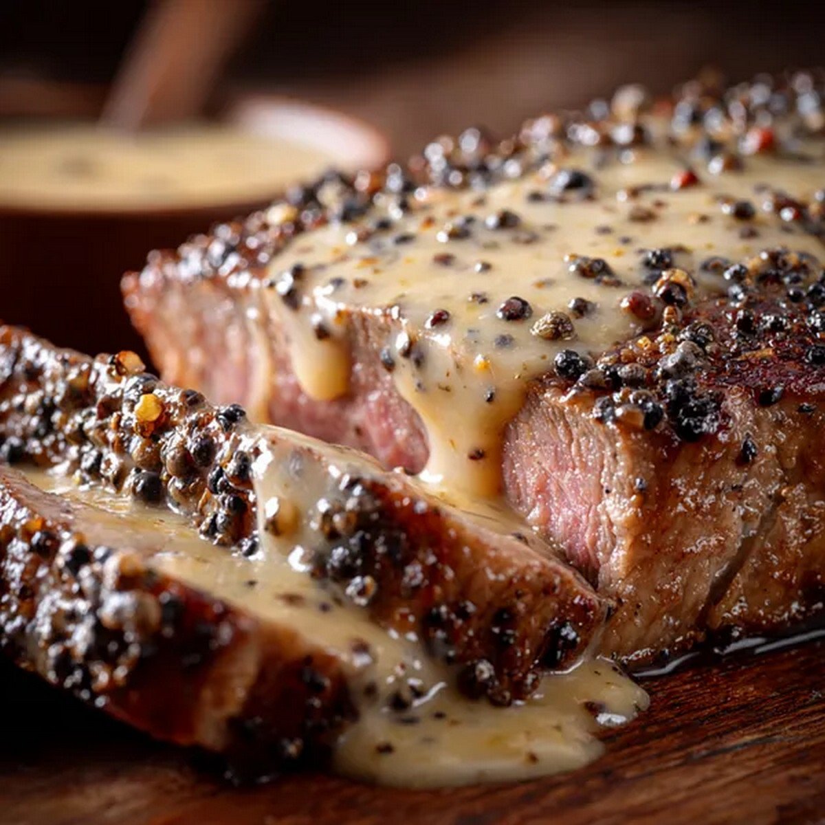 close up peppercorn sauce coating steak slice
