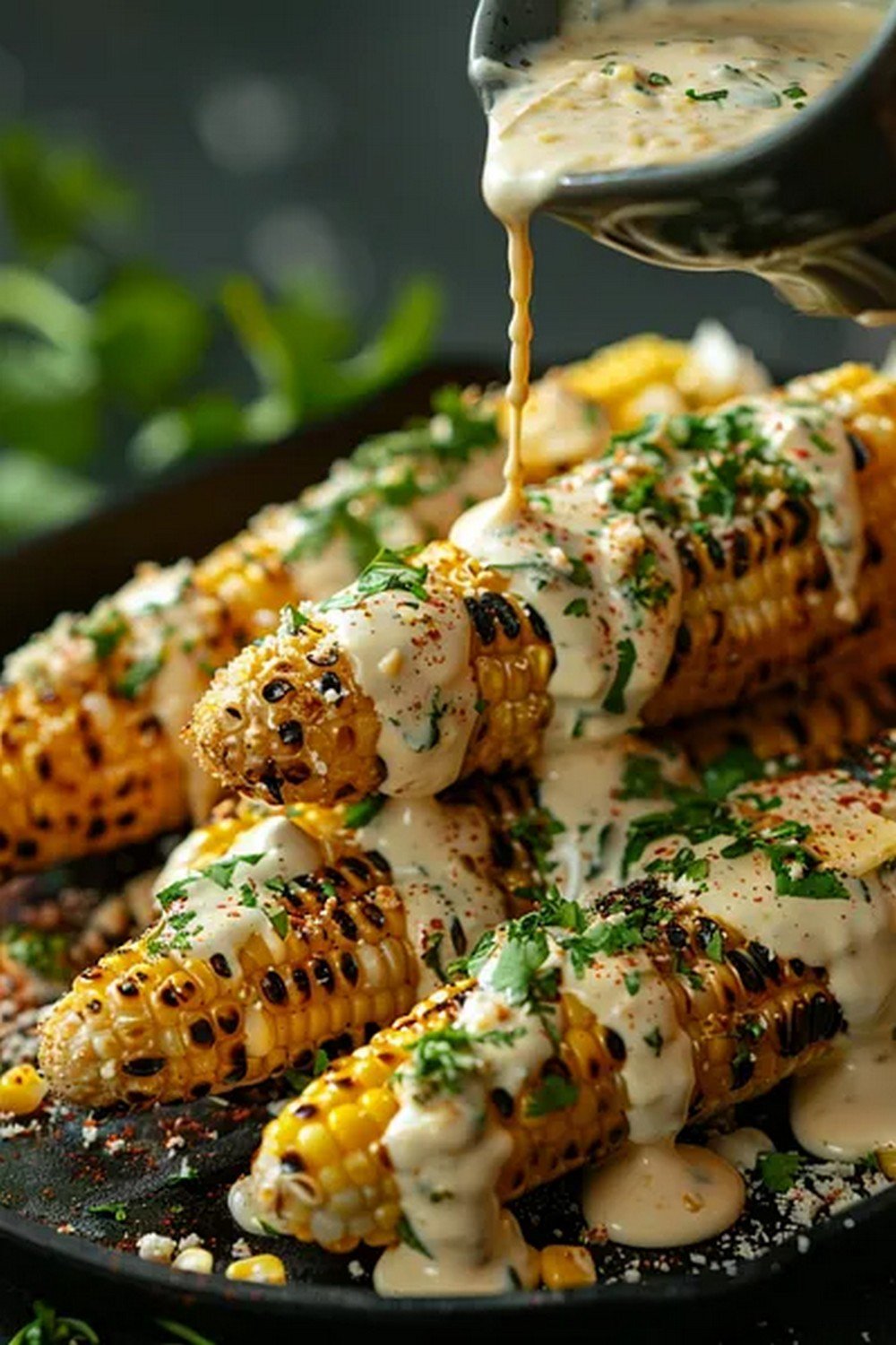 Action dip shot of Street Corn Taco Board