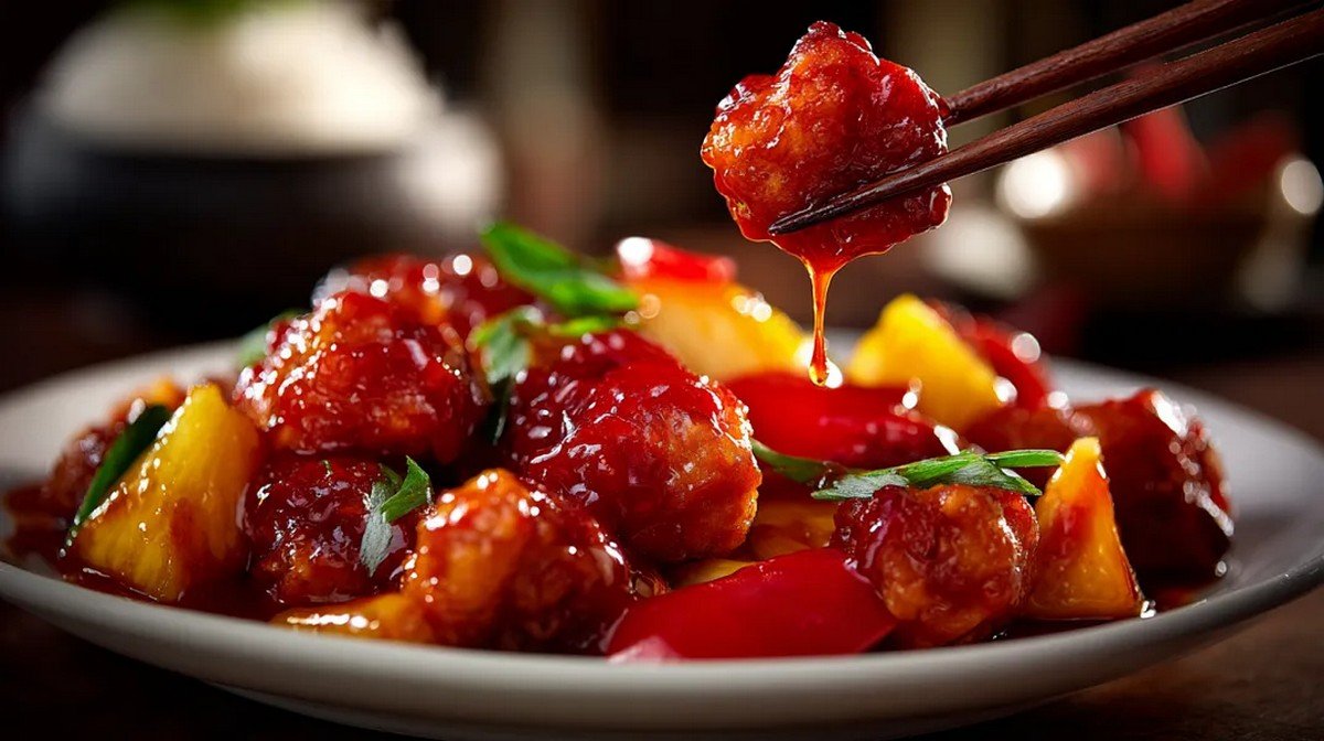 sweet and sour chicken plate with glossy sauce pineapple and peppers