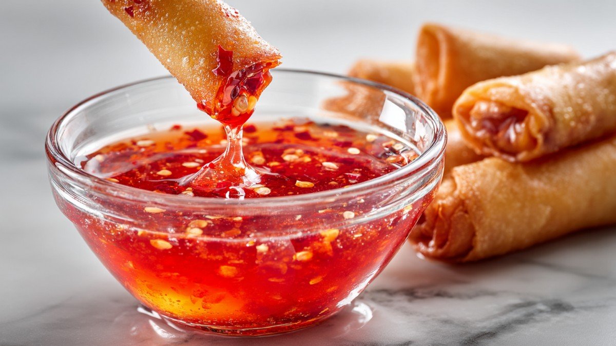glossy sweet chili sauce in bowl with spring rolls