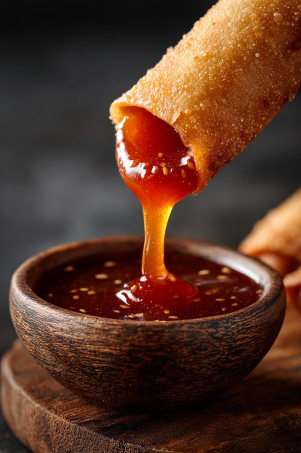 spring roll dipped into sweet chili sauce with drip