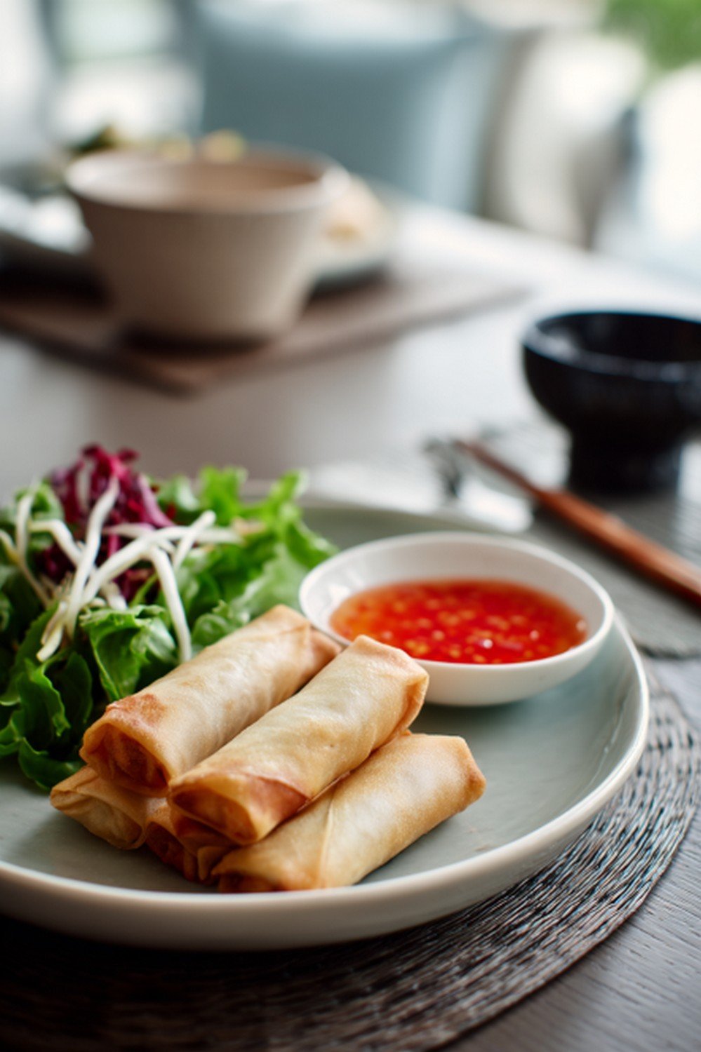 appetizer plate with sweet chili sauce and fried snacks