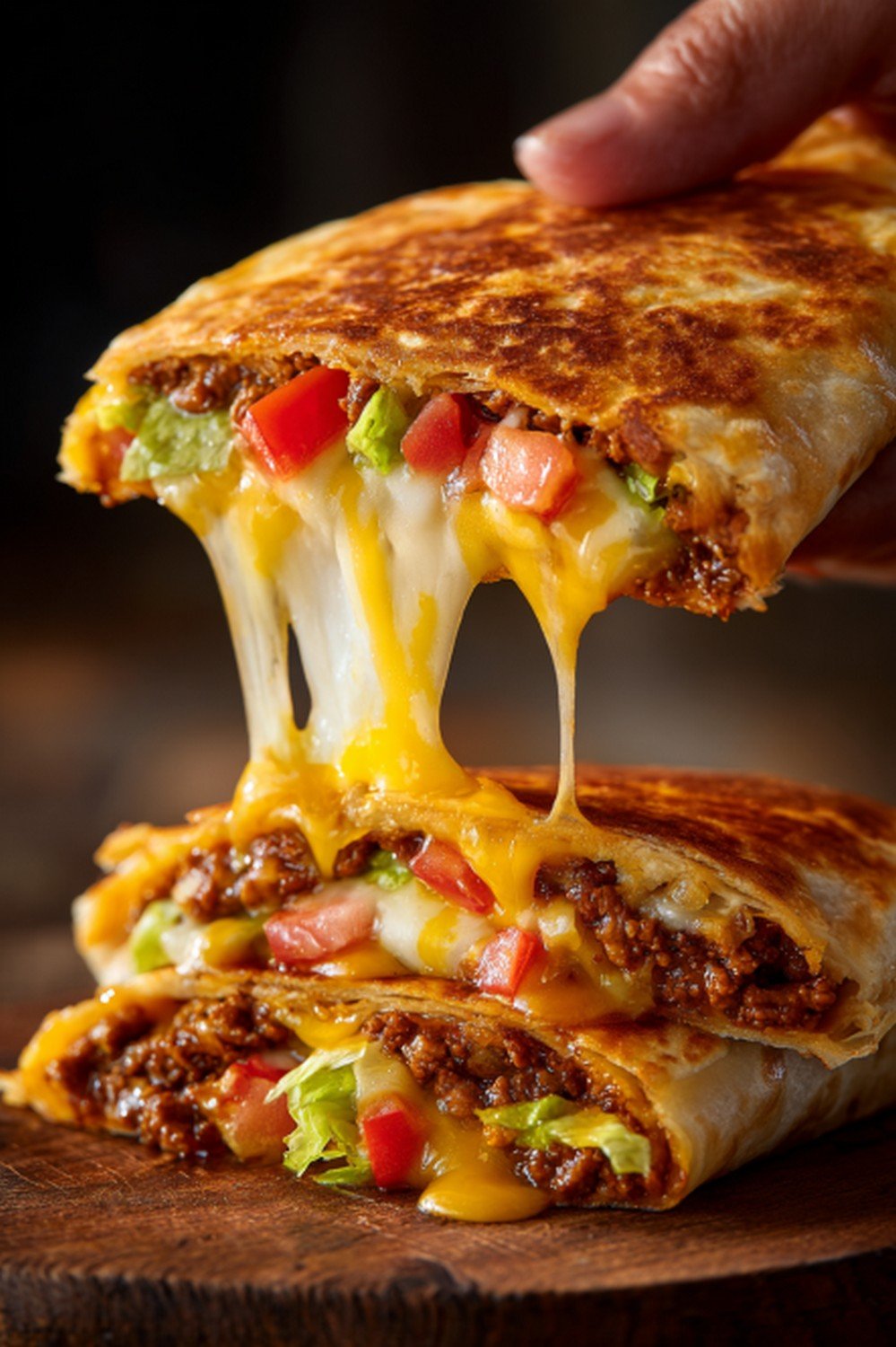 Action dip shot of Taco Bell Crunchwrap Supreme
