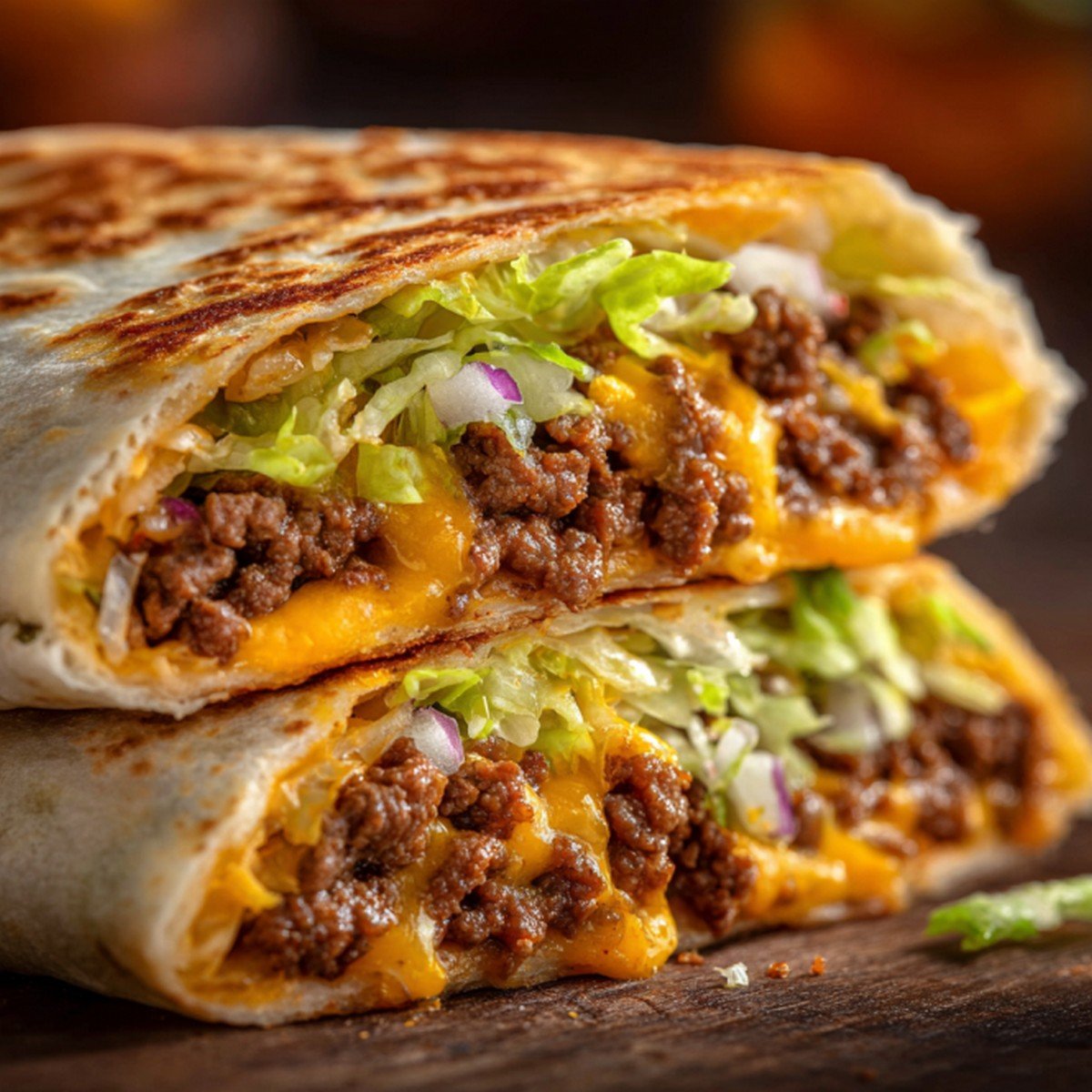 Macro texture of Taco Bell Crunchwrap Supreme
