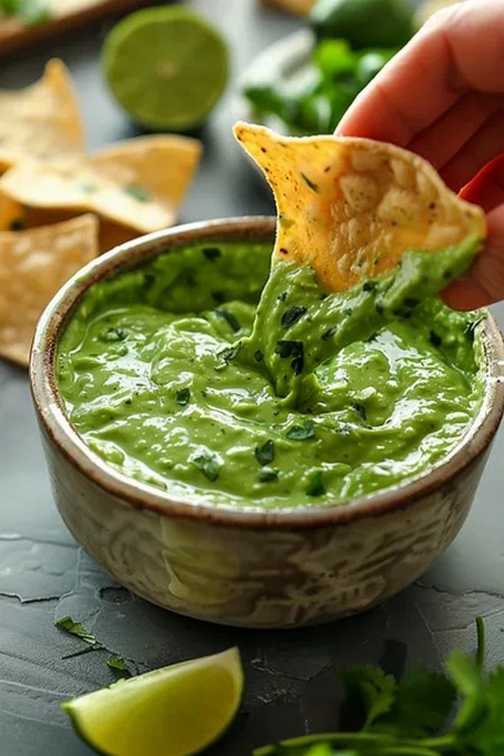 Action dip shot of Taco Bell Green Sauce
