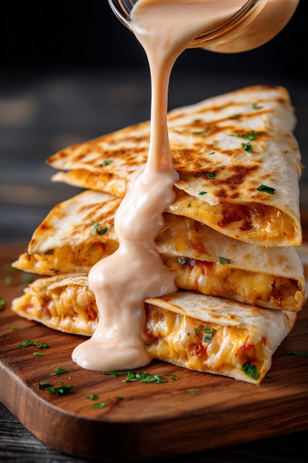 Action dip shot of Taco Bell Quesadilla Sauce
