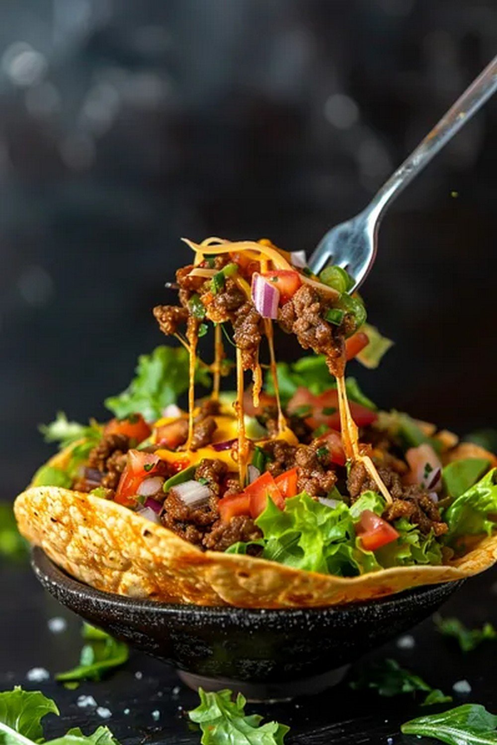 Action dip shot of Taco Salad Bowl