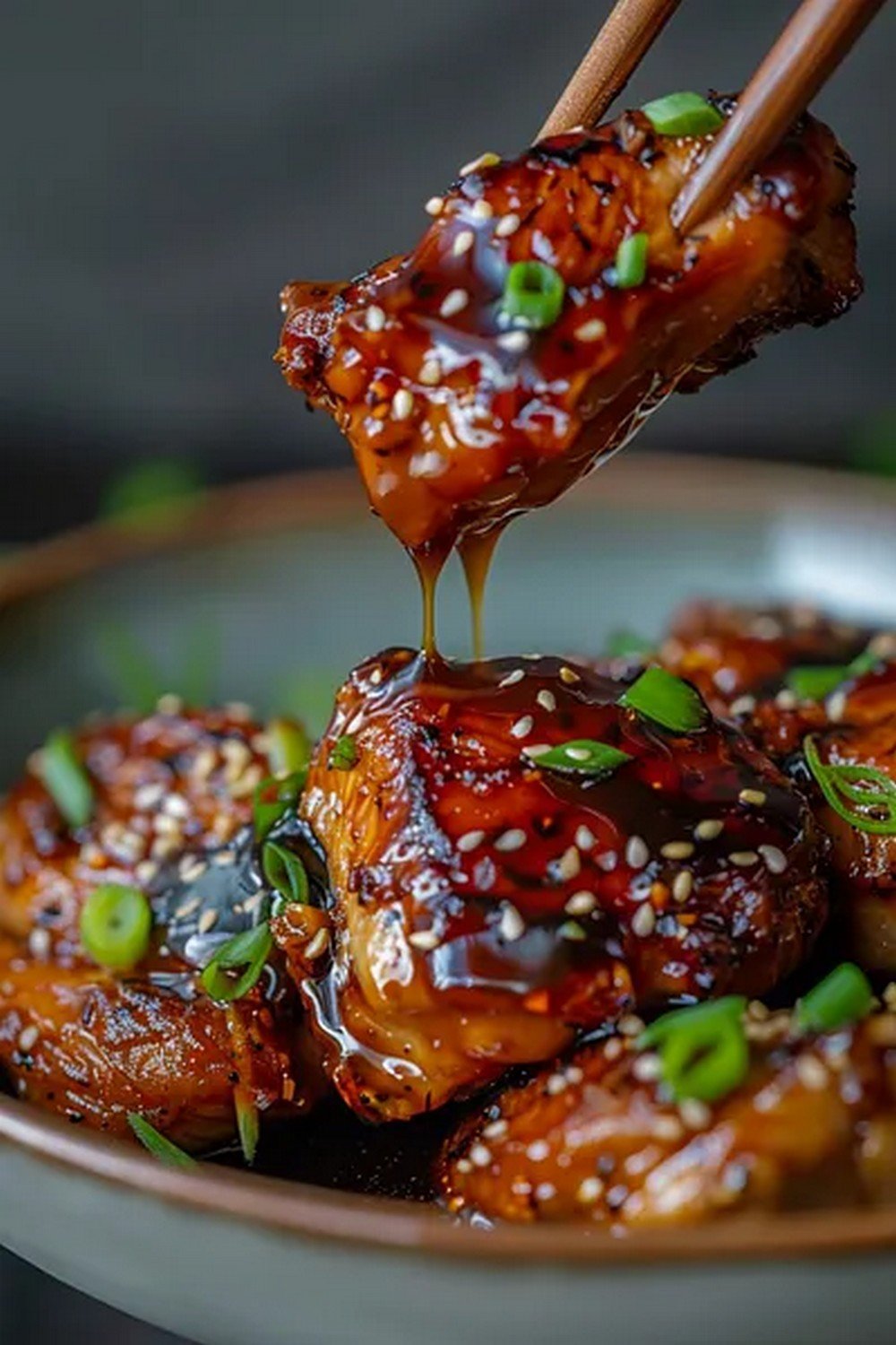 Action dip shot of Teriyaki Chicken Bowl