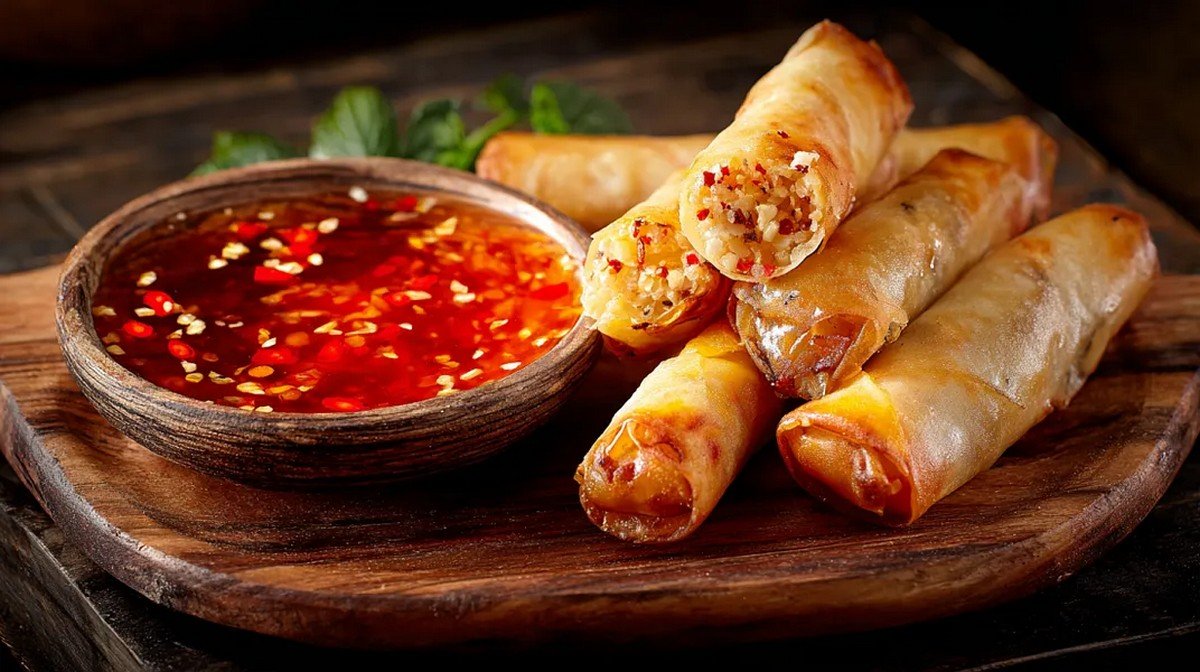 homemade Thai sweet chili sauce in a bowl with spring rolls