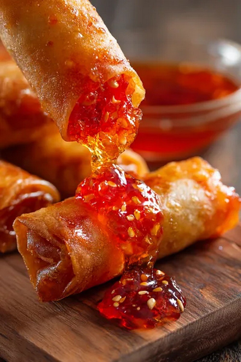 spring roll dipped in Thai sweet chili sauce