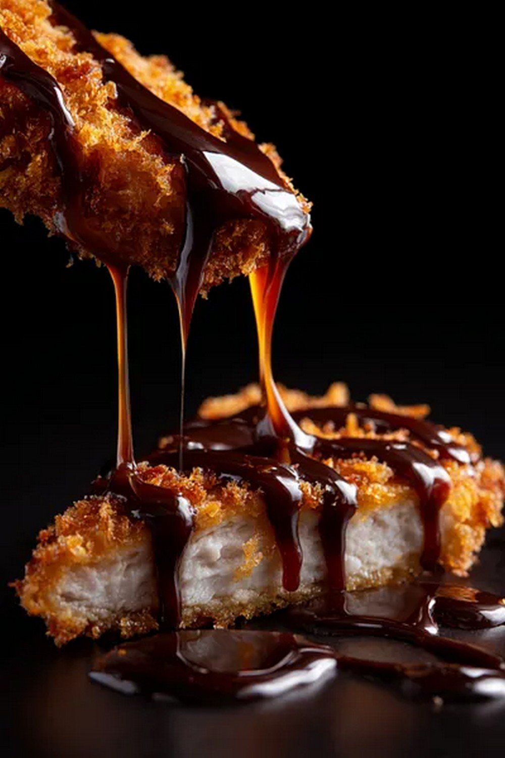 crispy tonkatsu dipped into Japanese tonkatsu sauce
