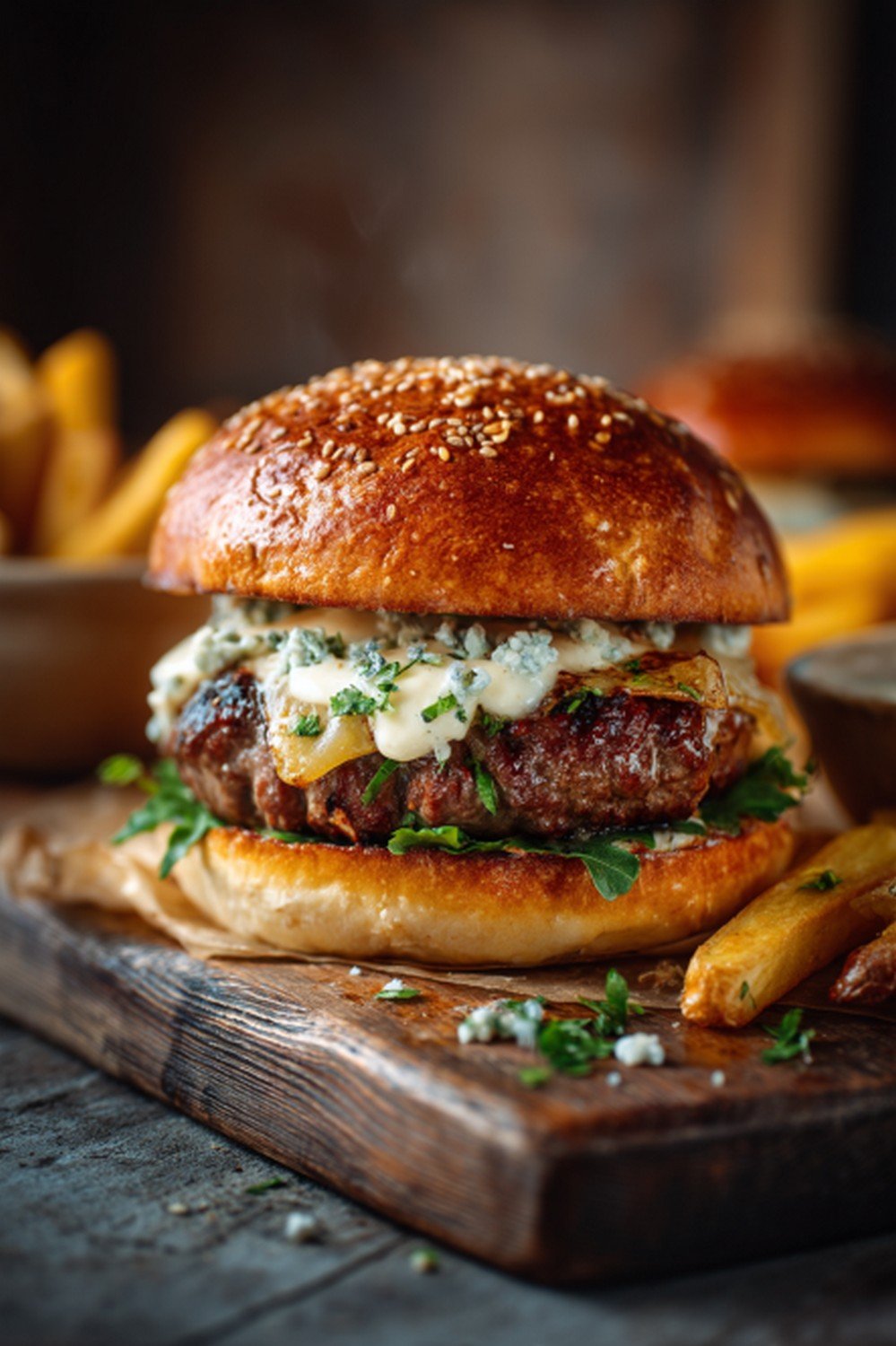 truffle burger sauce served with burgers on a kitchen countertop
